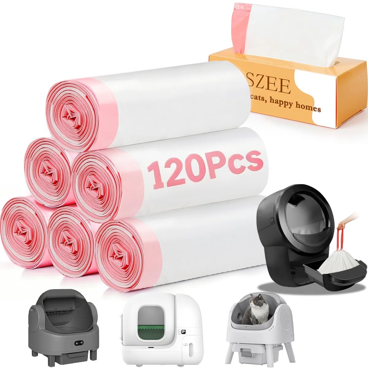 SZEE 120 bolsas de basura automáticas para gatos con cordones, caja de arena eléctrica para Litter-Robot 3/4, resistente a los arañazos para mascotas, 63,5 x 40,6 cm