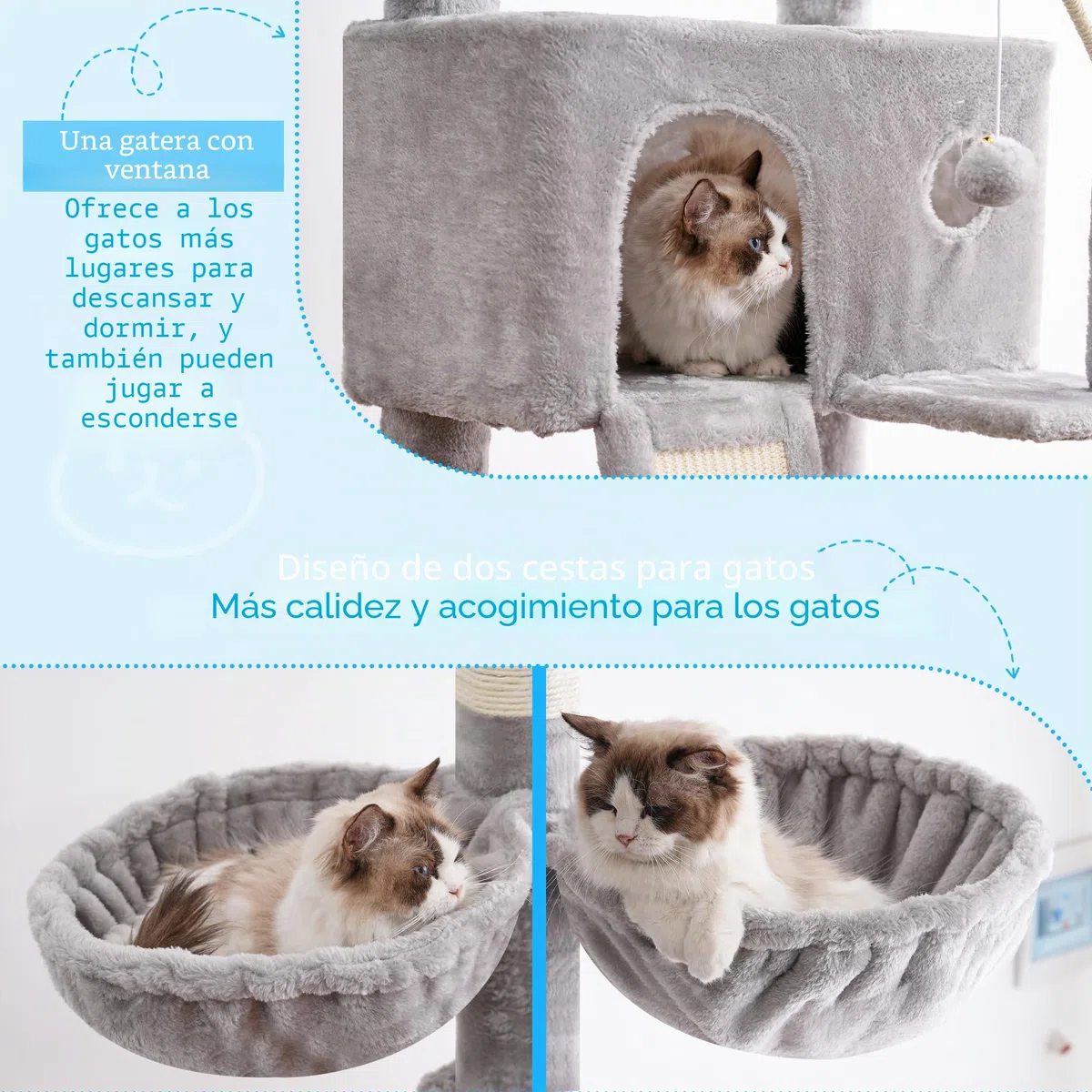 Hey-brother Rascador para Gatos XXL, Altura Ajustable, 250 cm-280 cm, Que llega hasta el Techo, Torre para Gatos Grandes, con Cueva, Gris Claro 0MPJ091W