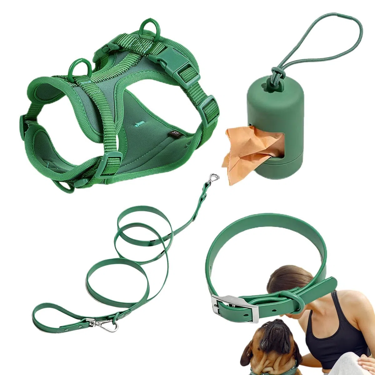 Juego de correas para perros, juego de arnés para perros – Collar | ajustable para perros, arnés sin tirones con hebillas ajustables para cachorros con soporte para bolsas de excrementos