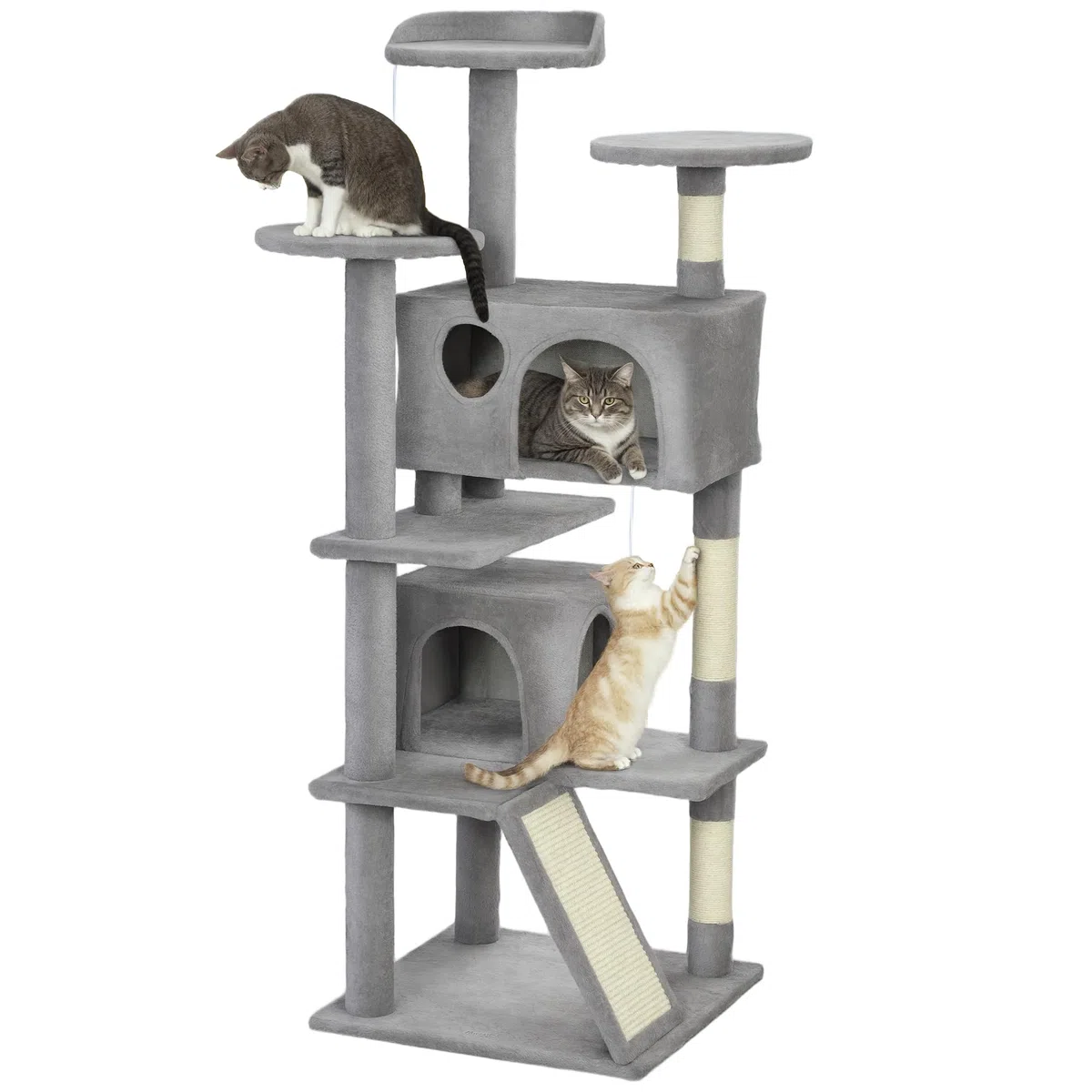 PawHut Rascador para Gatos Altura 138 cm con Postes de Sisal Gris Claro | Árbol para Gatos, Torre de Escalada, Plataformas, Cuevas, Bolas Colgantes, Hamacas