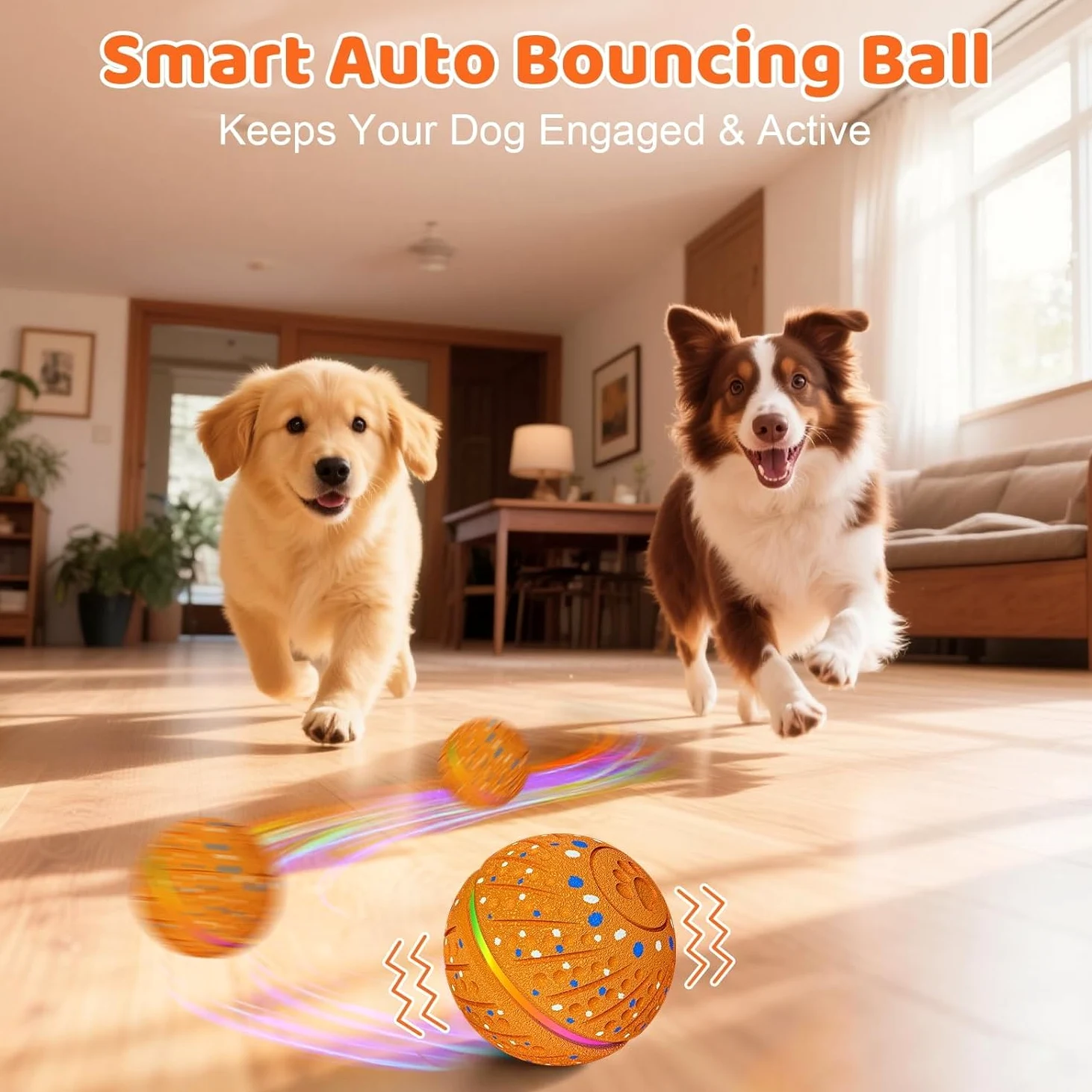 Pelota interactiva de juguetes para perros – Pelota inteligente para perros con luces coloridas, material E-TPU, 3 modos de juego, bolas rodantes automáticas, juguete para perros pequeños y medianos