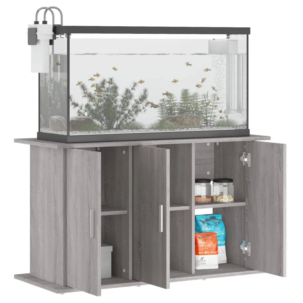 Soporte para acuario, gris Sonoma, material de madera, 101 x 41 x 58 cm, armario inferior estable con espacio para peces, accesorios y filtros, ideal para salón, dormitorio, oficina
