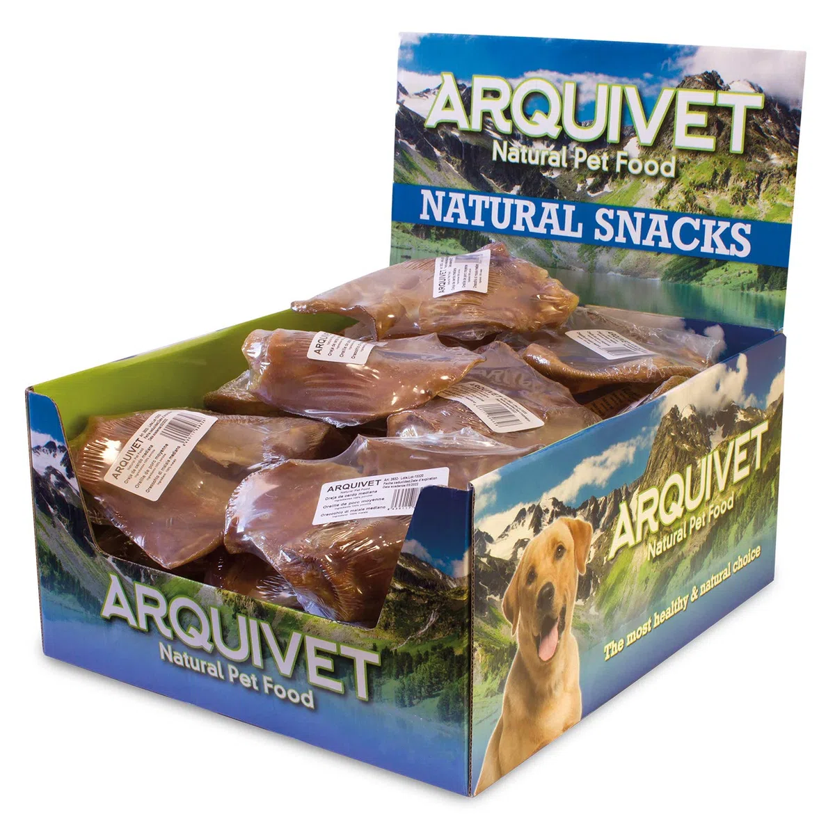 ARQUIVET Oreja de Cerdo Mediana para Perros - Caja Completa 20 Unidades retractiladas - Snacks Naturales para Perros - Chuches, premios, recompensas, golosinas, chucherías caninas