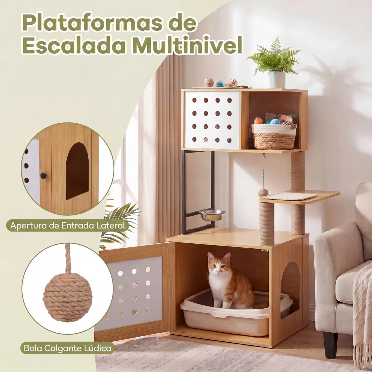 GOPLUS Árbol Rascador para Gatos de Múltiples Niveles, Altura 117,5 cm, Torre para Gatos con Recinto para Caja de Arena, Postes Rascadores de Sisal, Condo, Alimentación y Bola Colgante (Natural)