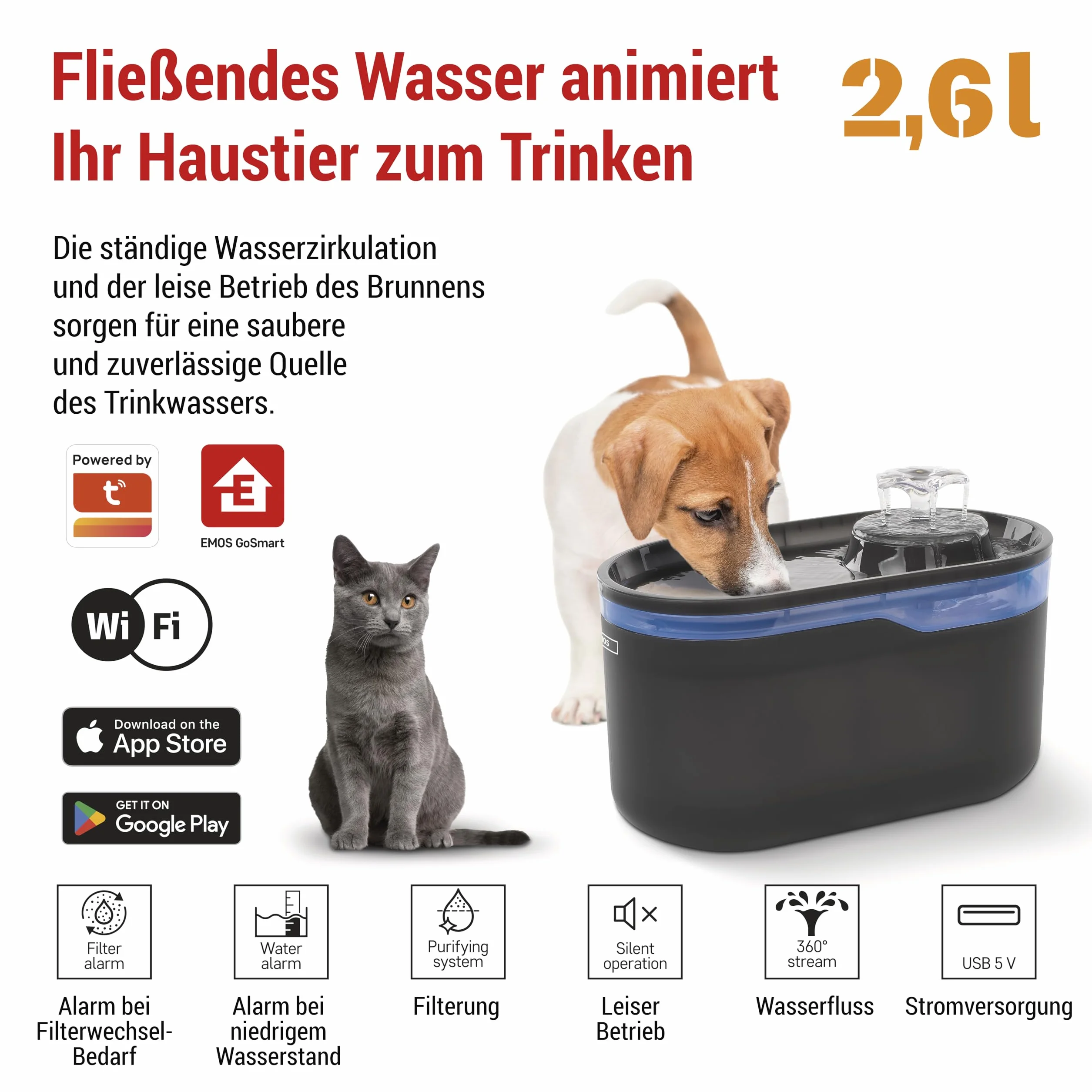 EMOS GoSmart Fuente para Gatos de 2,6 l con Sistema de filtración - Fuente de Agua Potable para Mascotas - Dispensador de Agua Dulce - Gris