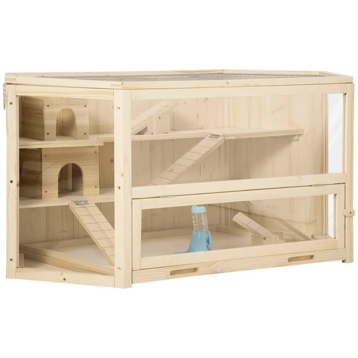 PawHut Jaula para Animales pequeños, Jaula para roedores, con rampa, balancín, Jaula Superior abatible Bandeja Inferior extraíble Madera de Abeto PS Natural 115 x 60 x 55 cm