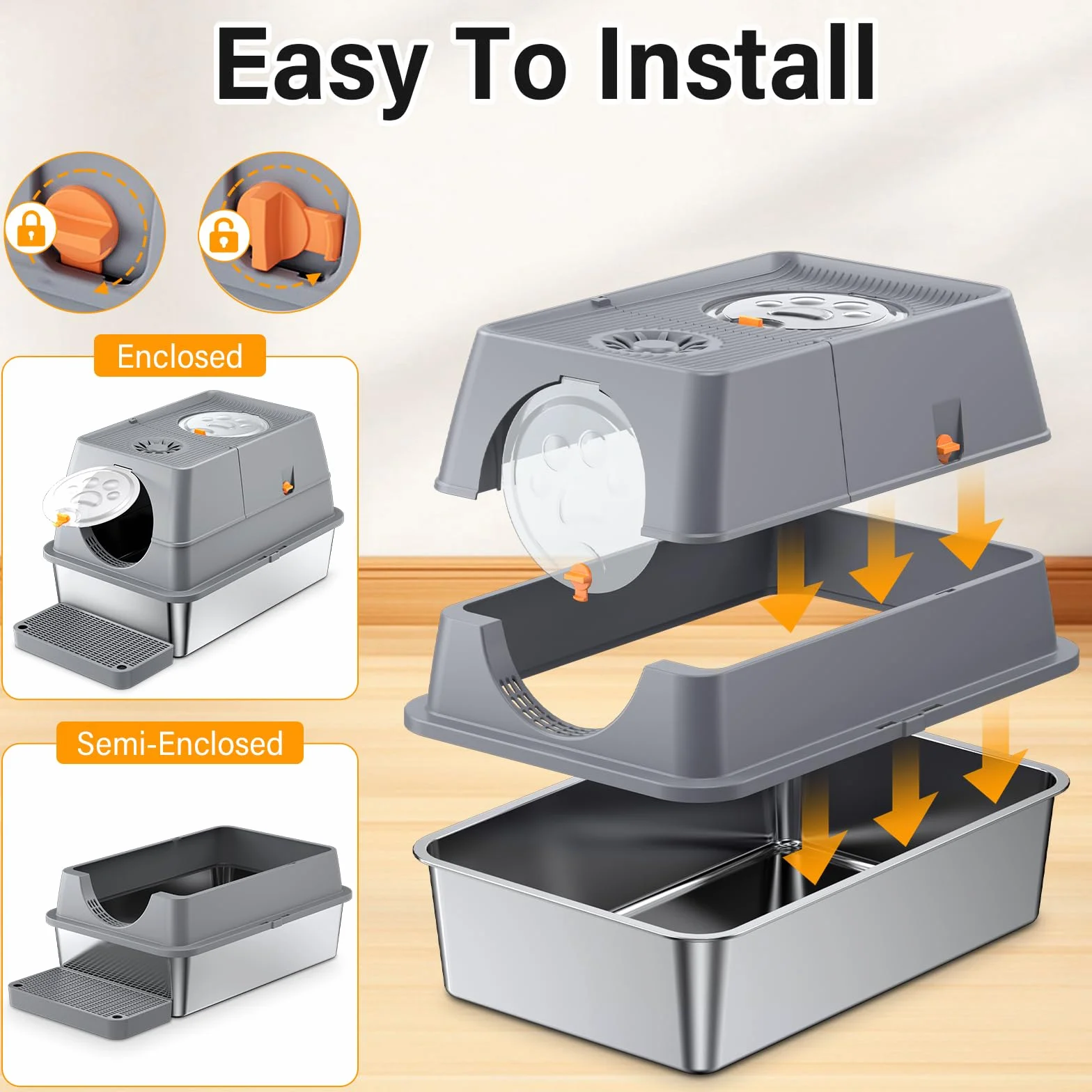 Caja de Arena Cerrada Extragrande,Arena para Gatos de Acero Inoxidable con Cubierto,Arenero Gato Grande,con Pala, Anti-Fugas, Sin Olor, Fácil de Limpiar, para Varios Gatos