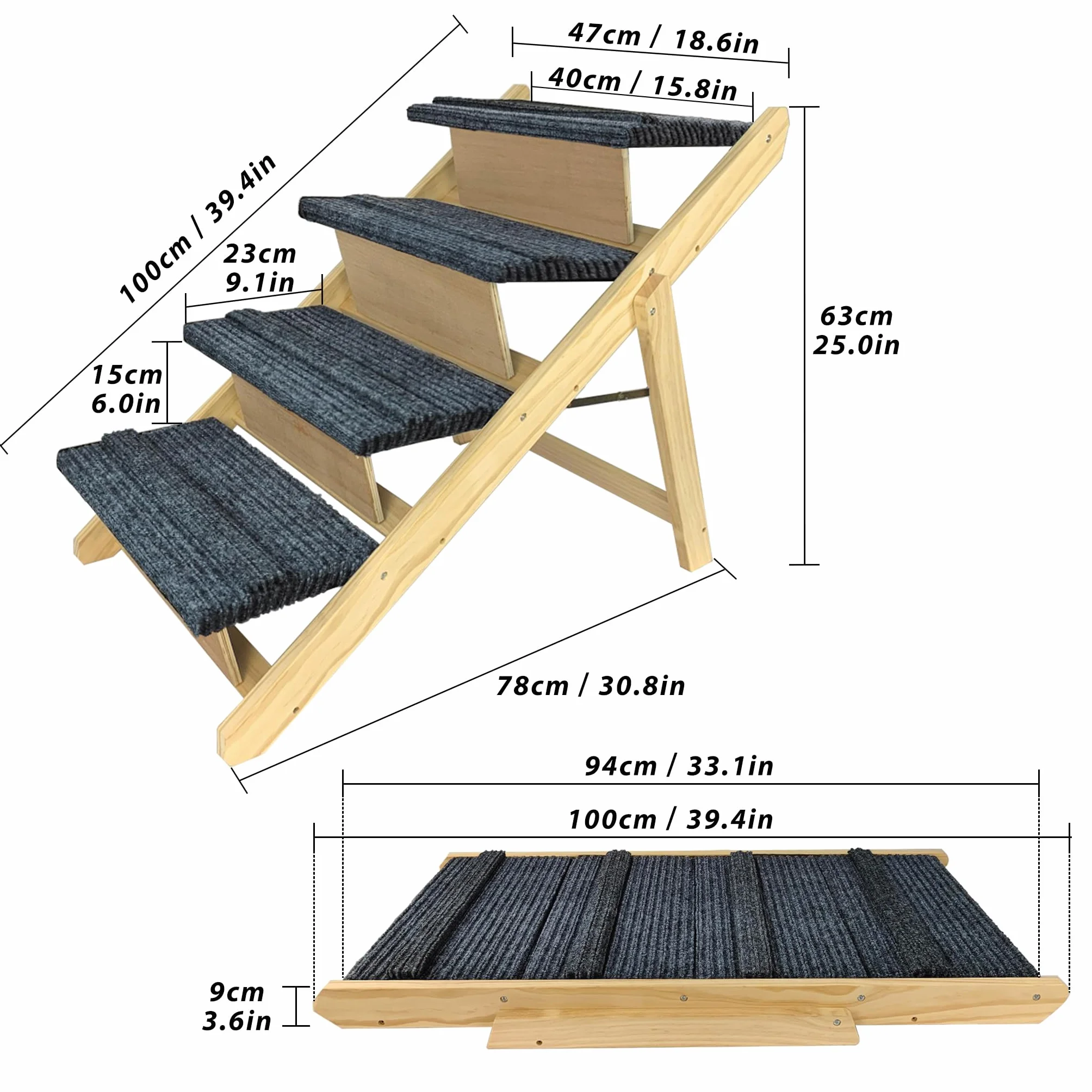 UISEBRT Escalera plegable para perros, 2 en 1, escalera para mascotas, de madera, con inserto antideslizante, para mascotas de hasta 80 kg