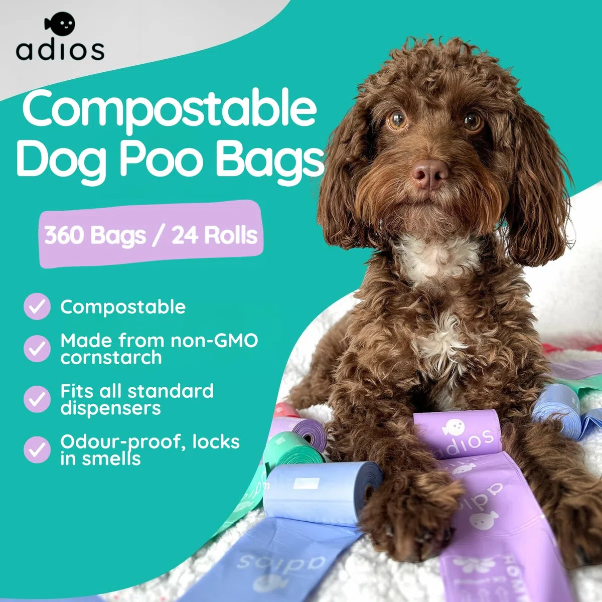 Adios - Bolsas compostables para excrementos de perro, 360 unidades (24 rollos), colores arcoíris, extra gruesas, a prueba de fugas, a prueba de olores, hechas de almidón de maíz compostable, rollos