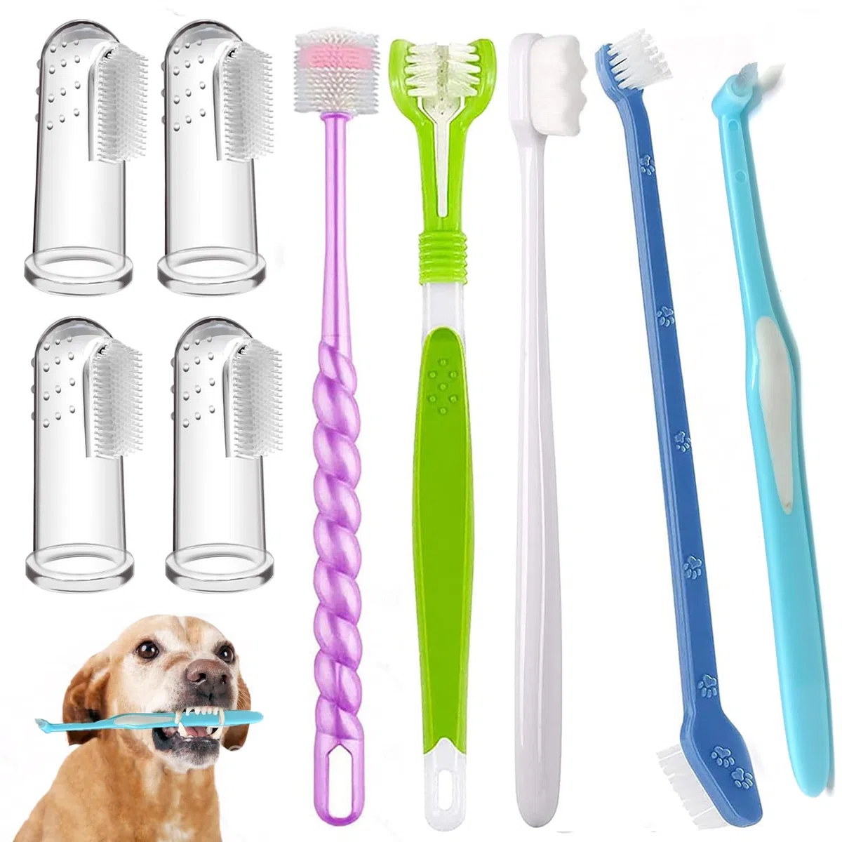 Dog Toothbrush, Finger Toothbrushes, 360 Degree Toothbrush, Triple Head Dog Toothbrushes, Double Head Toothbrush,Cleaning Brushes for Dog Cat Oral Dental Health (Blue, L)