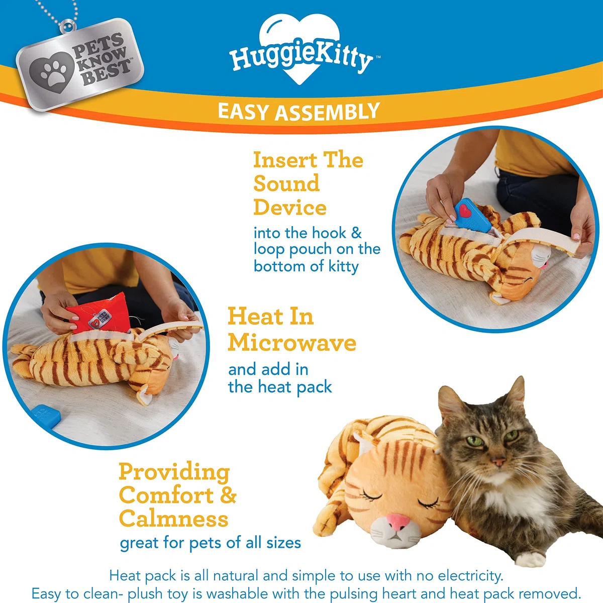 Pets Know Best HuggieKitty - Juguete de Peluche para Gatos, Sonido Relajante y Calidez Que Ayuda a relajar y reconfortar a tu Mascota, ronroneo y Latido del corazón, Paquete de calefacción, Naranja